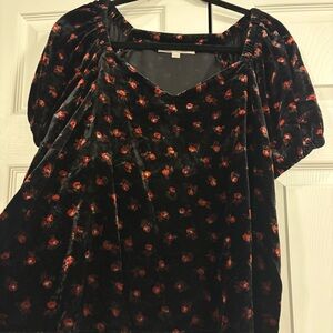 Whimsigoth Velvet Black and Red Floral Blouse